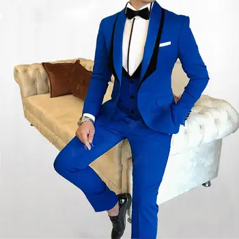 Royal Modra Obleka Moških 3Pcs po Meri Človeka Ženina Poročna Obleka Jopičem Moda Formalno Stranko Poslovnih Jopič Telovnik Hlače Komplet