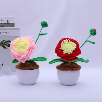 Ročno kvačkani Peony lončnica Simulacije Zelene Rastlinske Volne Cvet Večni Cvet Počitnice Darilo