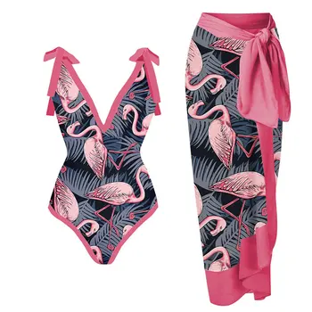 Seksi Flamingo Tiskanja Globoko V Vratu Ženske Enodelne Kopalke Bowknot Trak Kopalke Backless Plavati Kopalke Obleka, Plaža Obrabe