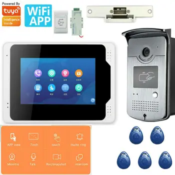 Tuya APP 7 palčni Wifi Brezžični RFID Video Vrata Telefon Zvonec Interkom Sistem z Žično 1080P kamera Podpore električni zaklepanje