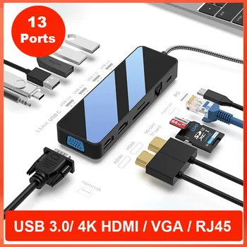USB-C Vozlišče 13-v-1 Gigabit Razširitveno Postajo VGA Tip C 4K30Hz HDMI-USB 3.0 Adapter RJ45 PD100W