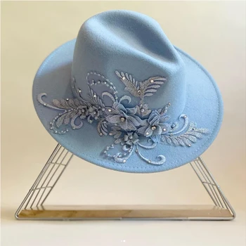 Vezene tri-dimenzionalni cvet fedora klobuk Žensk jazz cilinder Spomladi in jeseni panama cerkev moda elegantne poroka Klobuk