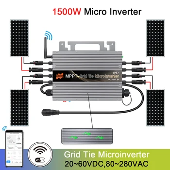 Vgrajen WiFi 1500W Mikro Mreža-Tie Inverter 20~60V DC 20-60V, da AC 80-265V Čisti Sinus Pretvornik za Sončne celice 210~375W(4 KOS)