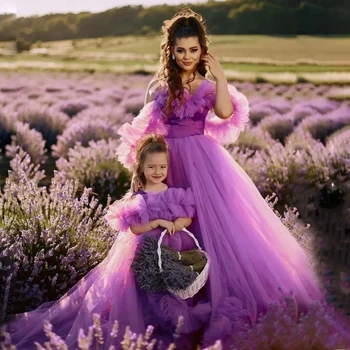 Vijolična Til Mamica in Mi Ujemanje Obleko Dodatno Zabuhle Dolgo Obleko Družino Photoshoot Mati in Hči Dekle Rojstni dan Obleke
