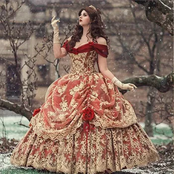 Vintage Rdeče Čipke Quinceanera Obleke Off Ramo Medival Renaissance Žogo Obleke Prom Oblačenja Korzet Čipke Sweet 16 Obleko