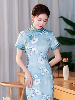 Yourqipao Poletje Dolgo Svile Modro Nebo Cheongsam modni brvi Banket Retro Elegantno Qipao Kitajski Slog Večerno Obleko za Ženske Osebe
