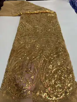 Zlato Afriške francoski Neto Vezenje Luksuzni Ročno izdelan 3D Sequins Beaded Čipke Tkanine Za svate Večerno Obleko