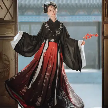 Črna Starodavne Kitajske Kostum Hanfu Obleka Ženske Wei Jin Dinastije Elegantna Vezenina Cvetlični Modra Gradient Vestidos Ljudskega Plesnega Set