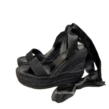 Črne Čipke Vezavi Platformo Sandali Klini Pete Trdni Čevlji za Ženske Kritje Pete Open Toe Visokih Petah 2023 Zapatos Par Mujere