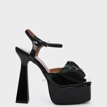 Črno Mašno Vozel Platformo Sandali Trdna Cut Pete Sponke Dekor Open Toe Čevlji za Ženske v Visokih Petah Čevlji 2023 Zapatos Par Mujere
