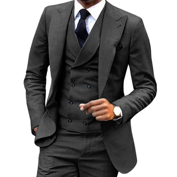 Črno moško Obleko 3 Kosov Dvojno zapenjanje Telovnik Formalnih Poslovnih Slim Fit Zarezo Lape Tuxedos Za Poroko ( Blazer+Telovnik+Hlače )