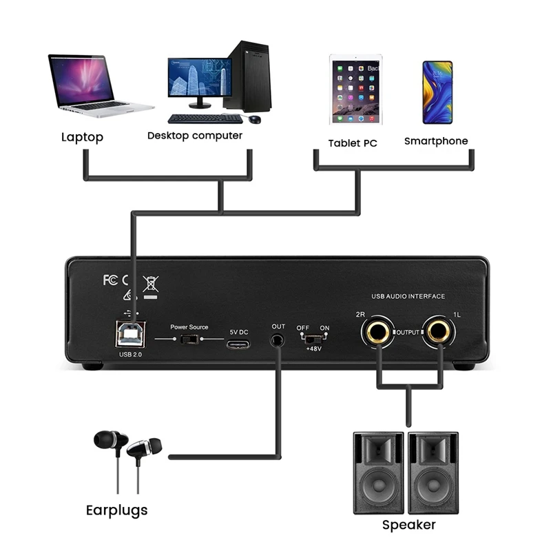 1 Kos Zvočne Kartice Studio Snemanje USB Avdio Vmesnik, Zvočne Opreme 48V Phantom Za Snemanje Črna