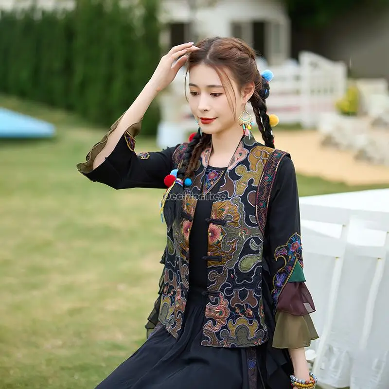 2023 kitajski retro narodne vezenine ženske bluzo cheongsam element dolg rokav stojalo ovratnik priložnostne kitajski etnični vrh s157