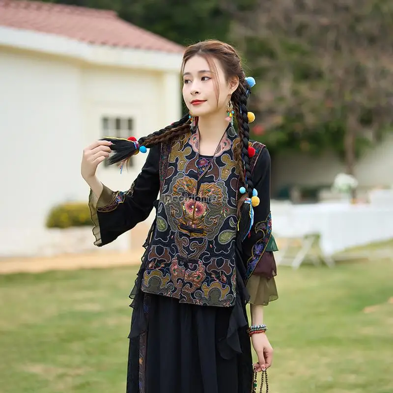 2023 kitajski retro narodne vezenine ženske bluzo cheongsam element dolg rokav stojalo ovratnik priložnostne kitajski etnični vrh s157