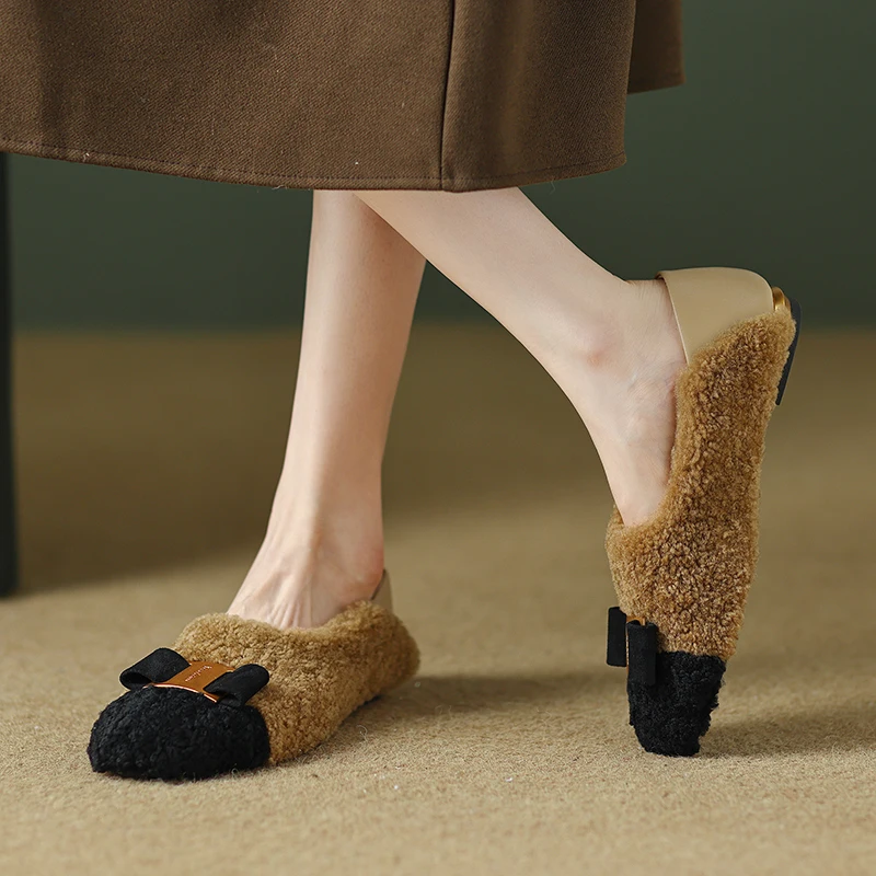 34-43 velikosti spomladi in jeseni ovčje kože kovin okrasni ženske čevlje Jagnje lase šivanje lok nizke pete ženske čevlje