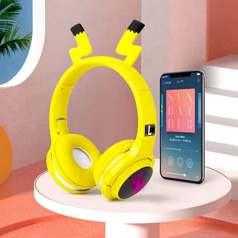 Anime Kawaii Pikachu Svetloba Bliskavice Brezžične Bluetooth Slušalke Dekle Zložljive Stereo Zvok, Podpora SD Kartice Igre Slušalke Fant Darilo