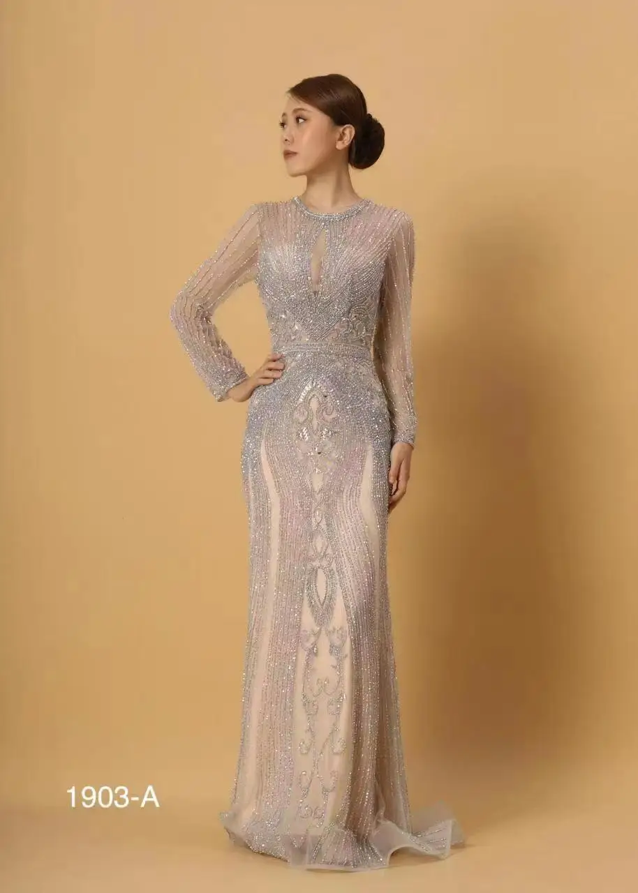 Dubaj Dolge Rokave Bleščica Luksuzni Večerne Obleke O-Vratu Polno Diamond Morska Deklica Formalno Halje 2023 Stranka Vestidos De Fiesta Elegante