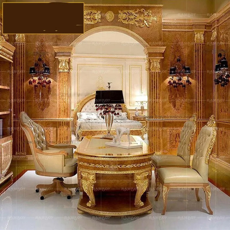 Evropski slog masivnega lesa, desk naslonjač kombinacija luksuzne vile Dabantai študija zlato folijo vklesan šef mizo