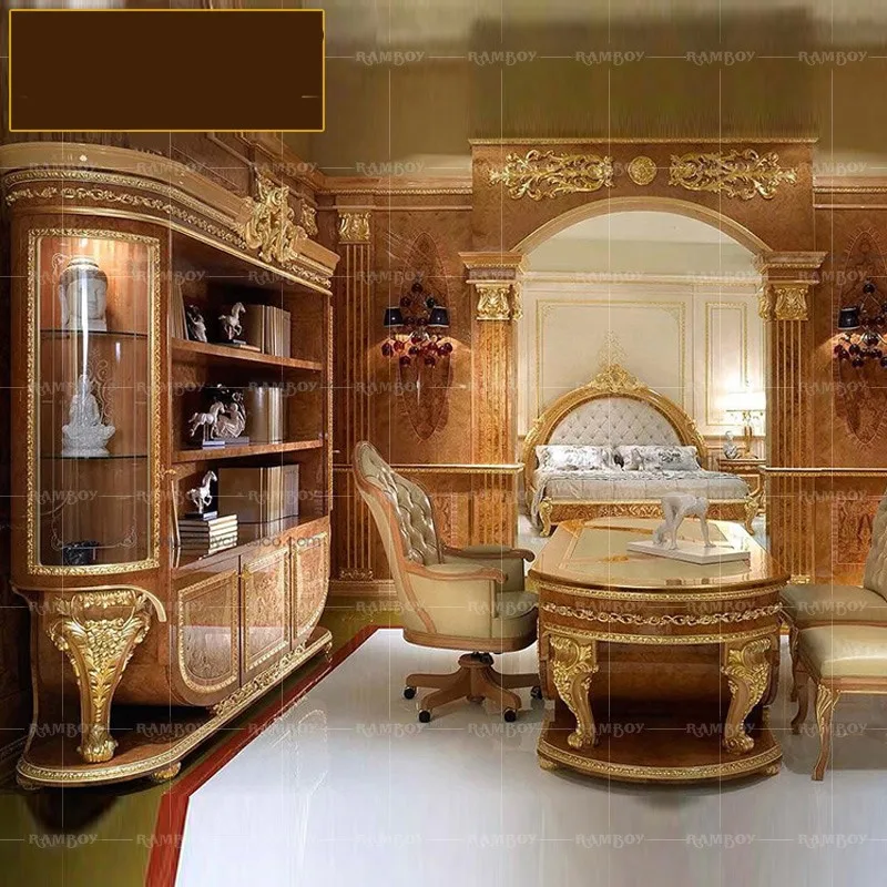 Evropski slog masivnega lesa, desk naslonjač kombinacija luksuzne vile Dabantai študija zlato folijo vklesan šef mizo