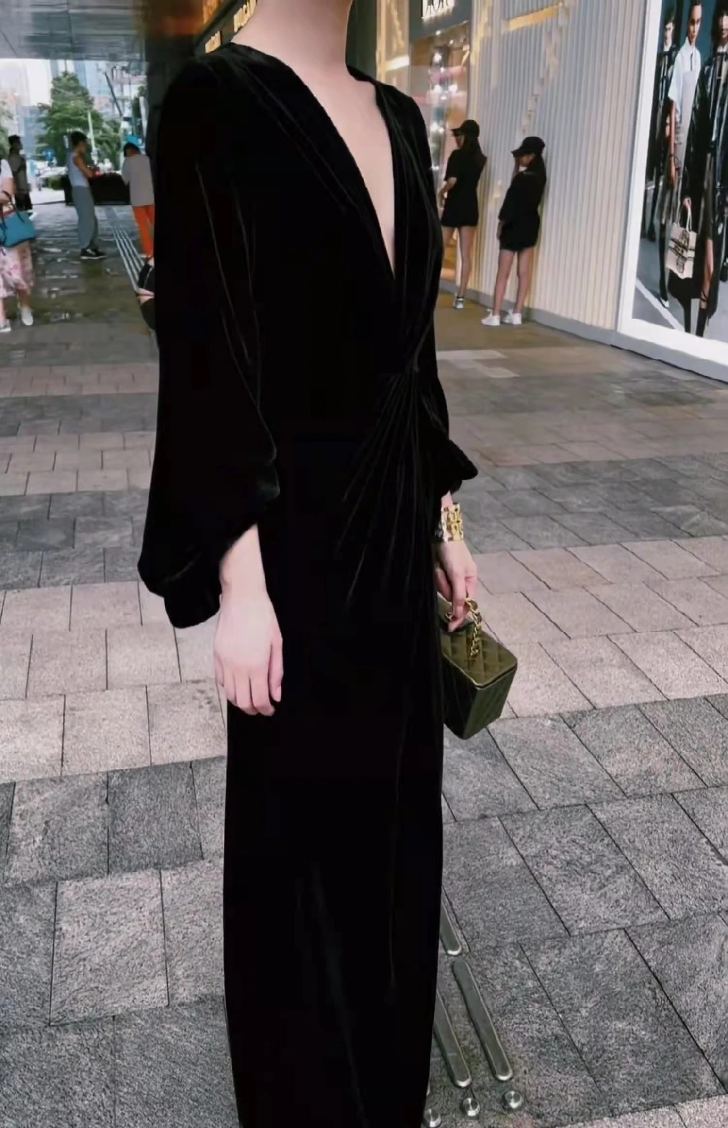 Jeseni francoski Retro Lahka Luksuzni Žametno Obleko Ženske Proti-vrat Visoko Pasu Luč Rokav Slim Hip Črn Stranka Obleko