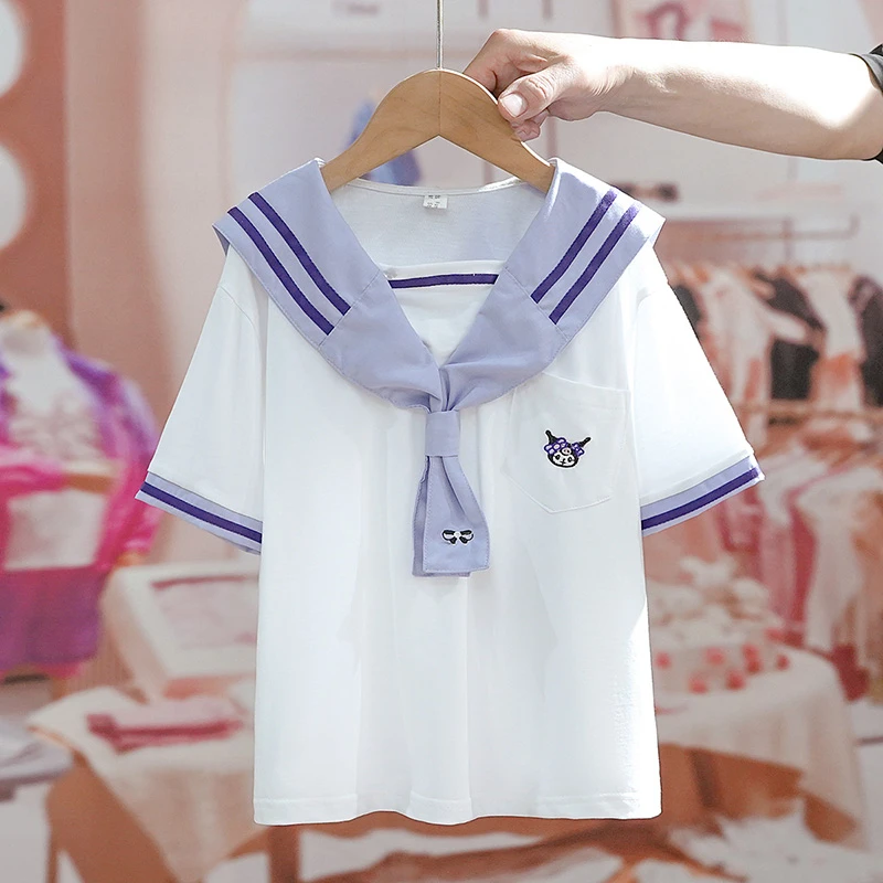 Kawaii Sanrio Kuromi Otrok JK Obleke Srčkan Risank Anime Poletne Novo Fashion Šoli Slog Mornarice Ovratnik Nabrano Krilo T-shirt