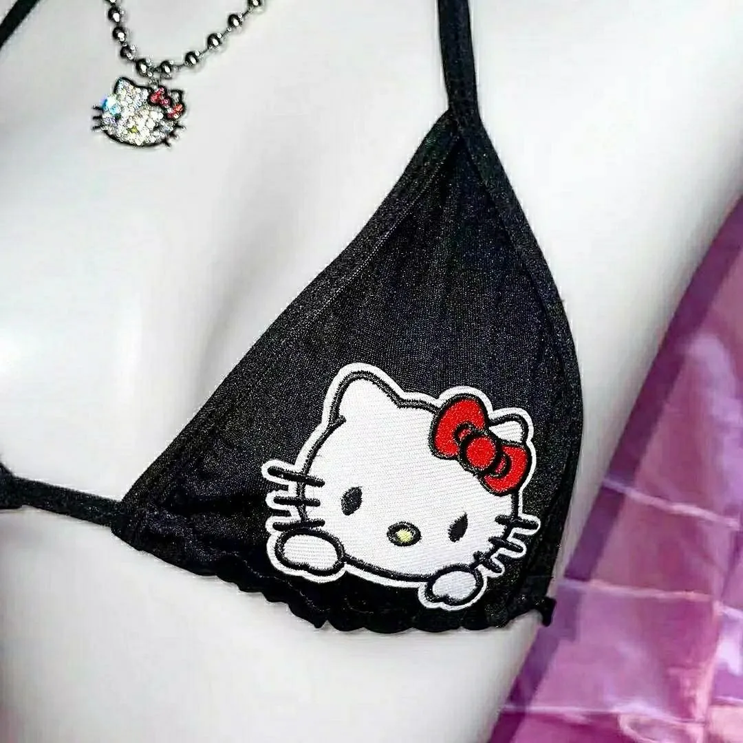 Moda Osebnost Dekle Y2K Sanrio Hello Kitty Mačka Tiskanja Visi Vratu Čipke Odpri Nazaj Modrc Luštna Punca Modrc Backless spodnje Perilo