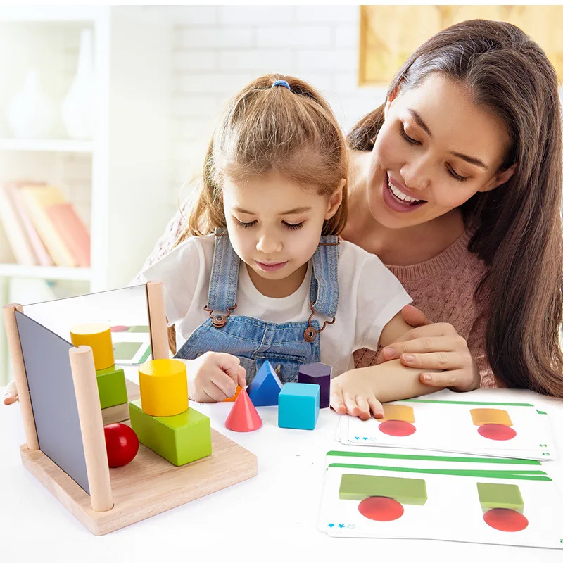 Montessori Ogledalo Geometrijo Puzzle gradniki Otroci Logično Razmišljanje Usposabljanja Igre Izobraževalne Lesene Igrače za Otroke
