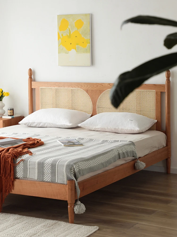 Nordijska letnik rattan posteljo, spalnico, češnjevega lesa masivnega lesa zakonsko posteljo, 1,8 m malih gospodinjskih, 1,5 m Japonski postelja