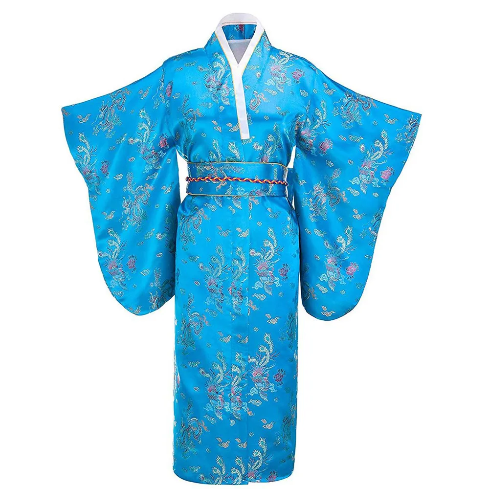 Roza Cvet Tiskanja Mlada Dama Tradicionalni Japonski Kimono kopalni plašč Obleke Poln Rokav Večer Stranka Prom Oblačenja Saten Proti-vrat Oblačila