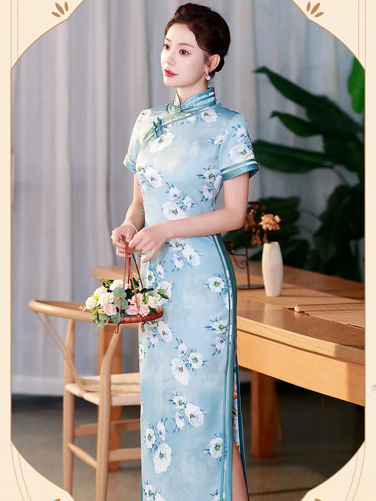 Yourqipao Poletje Dolgo Svile Modro Nebo Cheongsam modni brvi Banket Retro Elegantno Qipao Kitajski Slog Večerno Obleko za Ženske Osebe