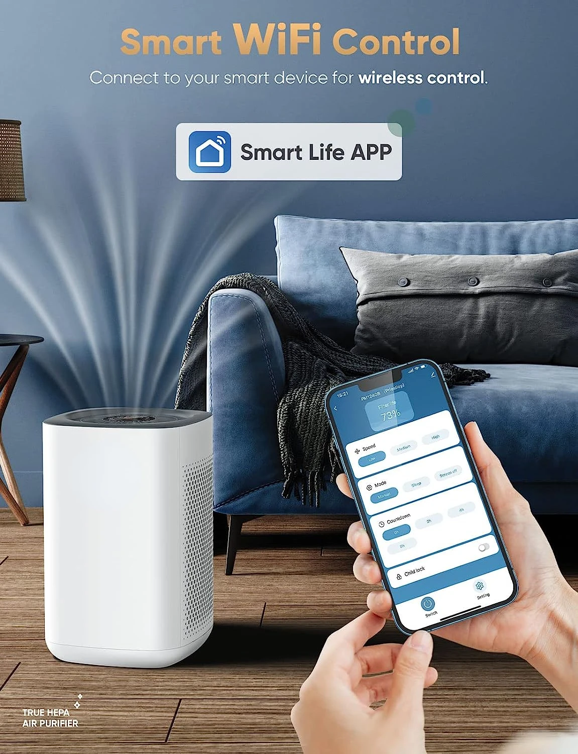 Čistilnike Home Velika Soba do 1000 Ft2, WiFi Smart Control, Odstrani 99.97% Delcev z H13 Res, HEPA Filter za 3-S