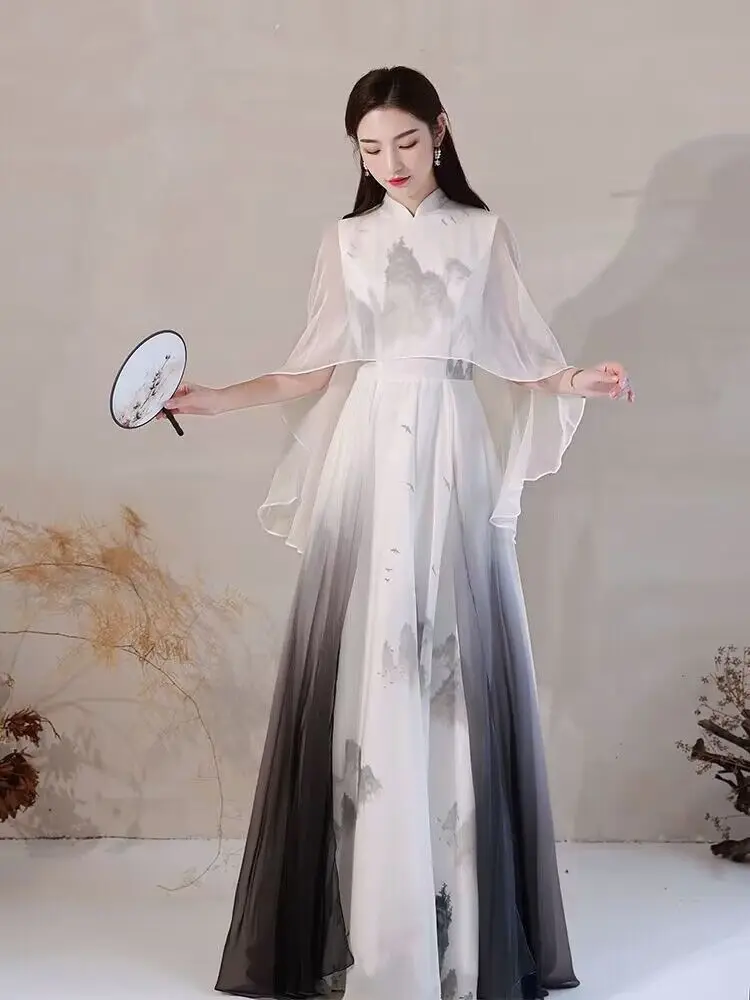 Šifon Črnilo Slikarstvo Vintage Obleko Izboljšano Kitajski Slog Hanfu Obleko 2pcs Ženske Poletje Sodoben Slog Tiskanja Obleko Plus Velikost 4XL
